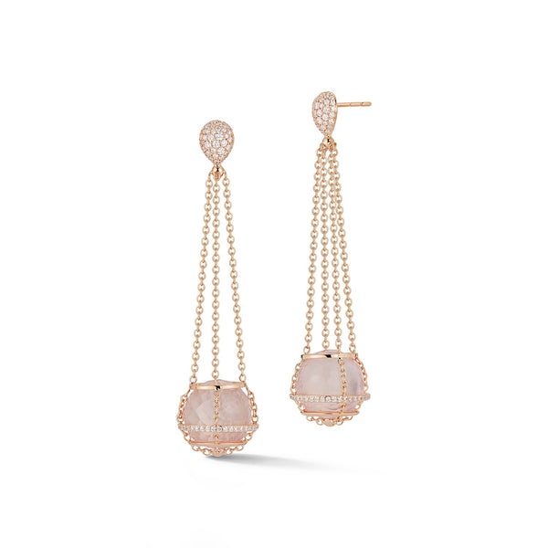 Rose Quartz Cage Chain Basket Earrings in Rose Gold