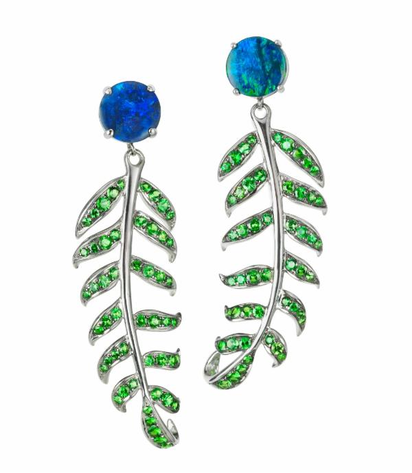Blue Opal & Tsavorite Fern Earrings