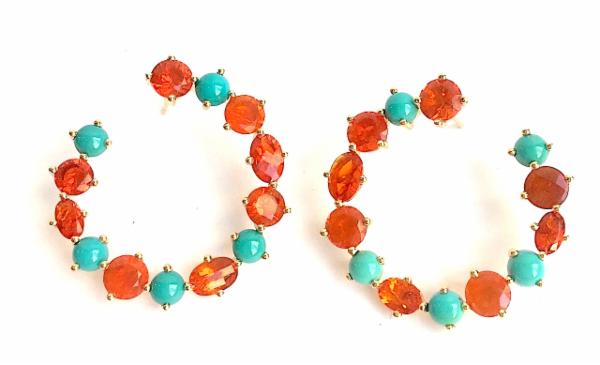 Fire Opal & Turquoise Crescent Earrings