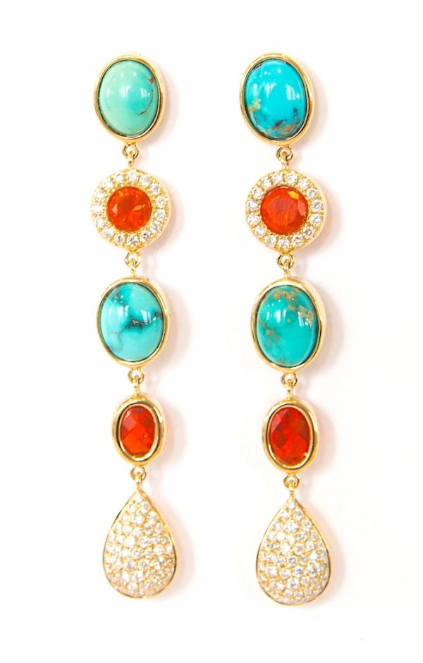 Fire Opal, Turquoise & Diamond Earrings