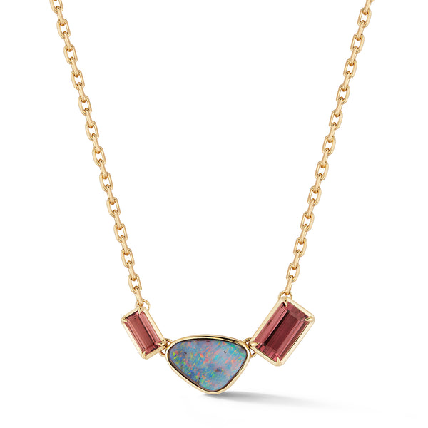 Boulder Opal and Rubellite Three Stone Necklace
