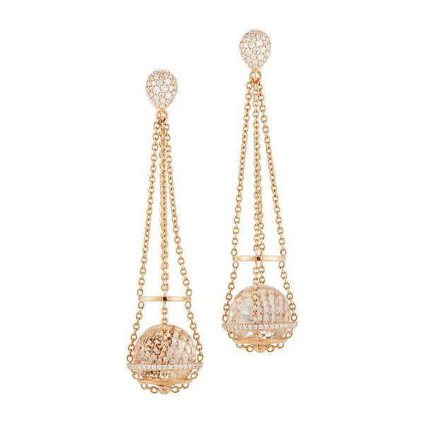 Rock Crystal Cage Chain Basket Earrings in Rose Gold