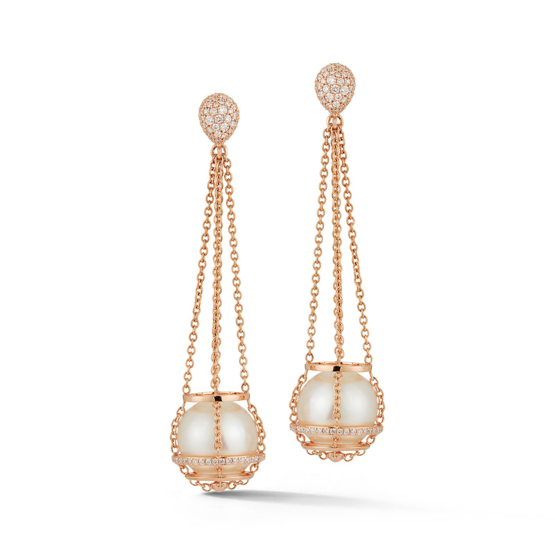 White South Sea Pearl Cage Chain Basket Earrings in Rose Gold
