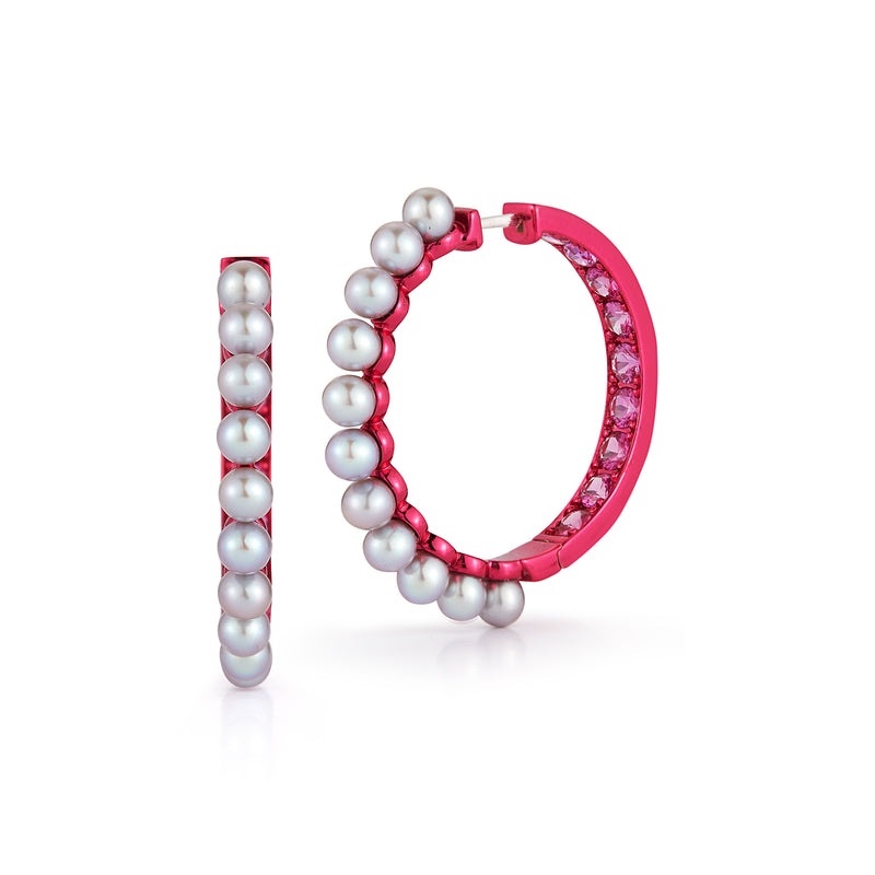 Pink Sapphire and Seed Pearl Hoops