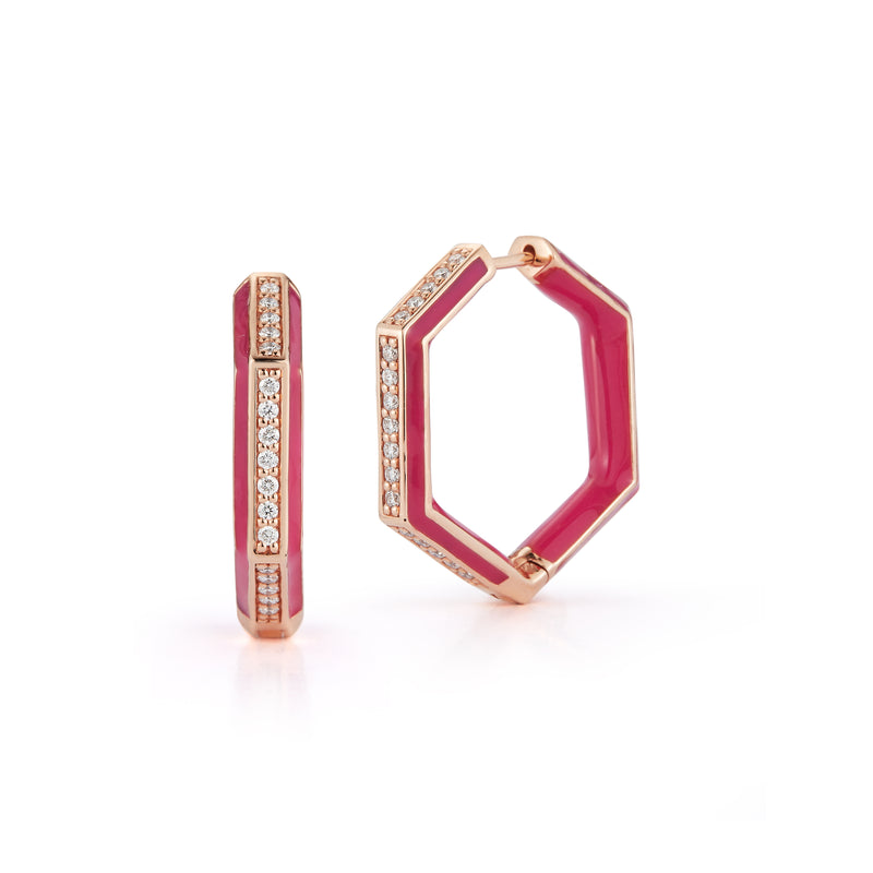 Diamond and Pink Enamel Hexagonal Hoops