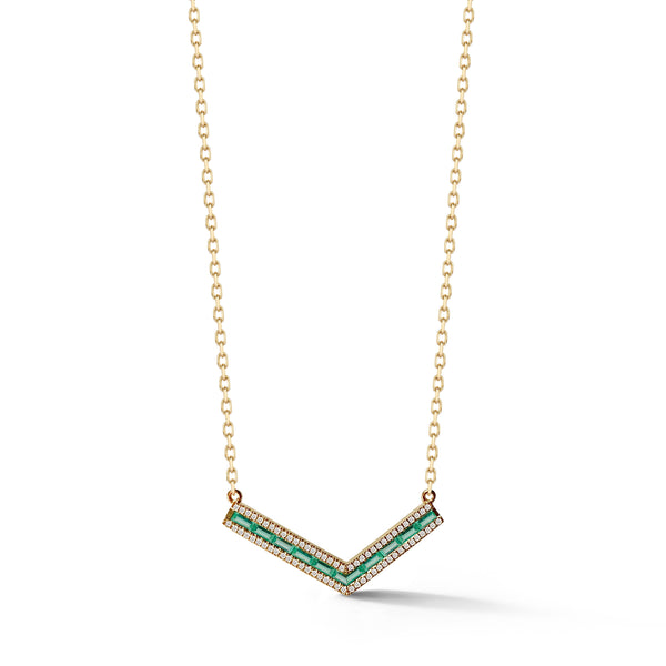 Emerald and Diamond Origami "V" Necklace