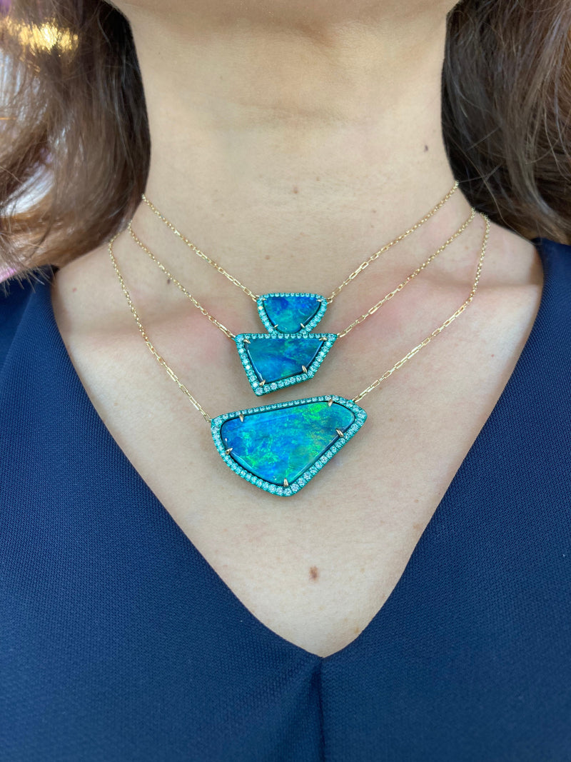 Upside Down Triangle Green Opal and Diamond Layering Necklace