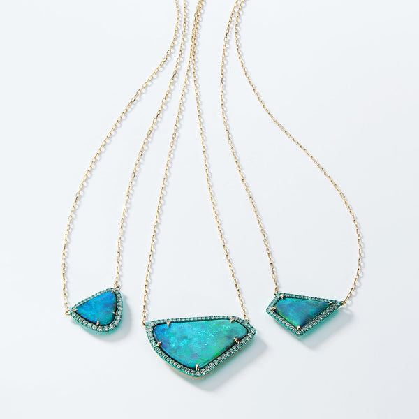 Upside Down Triangle Green Opal and Diamond Layering Necklace