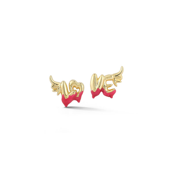 Winged "LOVE" Earrings with Pink Enamel