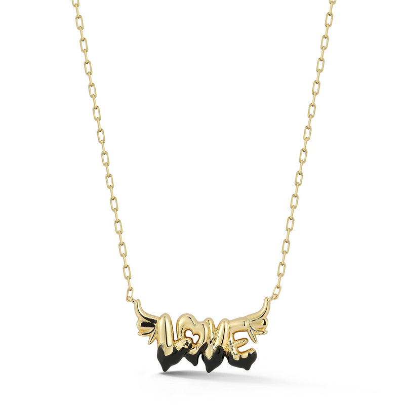 Winged "LOVE" Necklace with Black Enamel