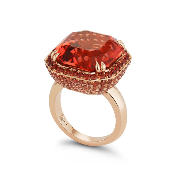 The "Ingrid" Nigerian Square Cut Peach Tourmaline and Spinel Ring