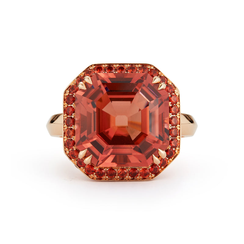 The "Ingrid" Nigerian Square Cut Peach Tourmaline and Spinel Ring