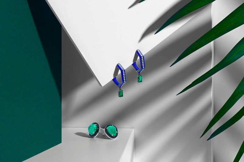 Emerald, Diamond and Blue Enamel Hexagonal Hoops