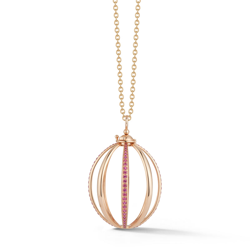 Medium Rose Gold Cage Pendant with Pink Sapphires