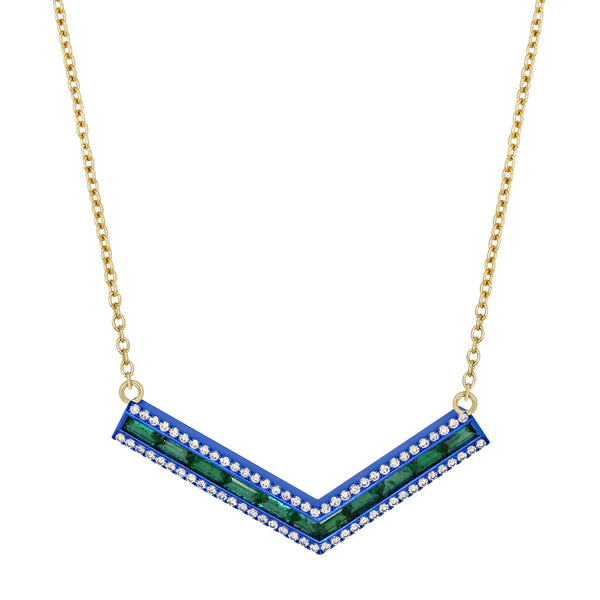 Emerald and Blue Rhodium Origami "V" Necklace