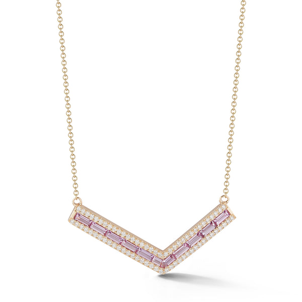 Light Pink Sapphire and Diamond Origami "V" Necklace