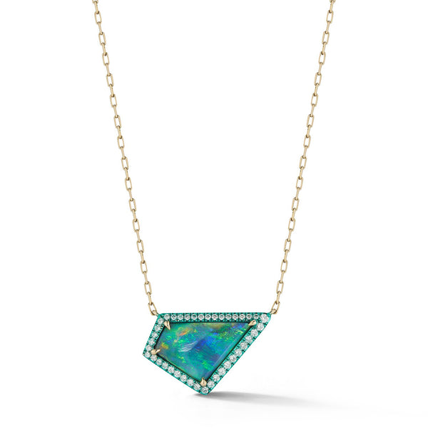 Geometric Green Opal and Diamond Layering Necklace