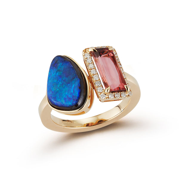 Boulder Opal and Rubellite Ring