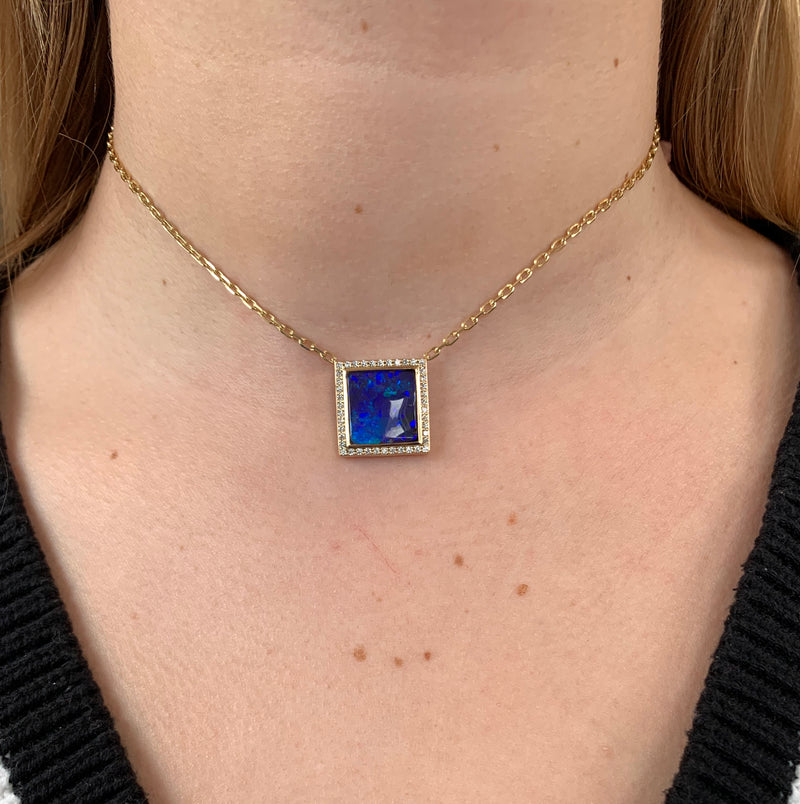 Square Boulder Opal and Diamond Necklace